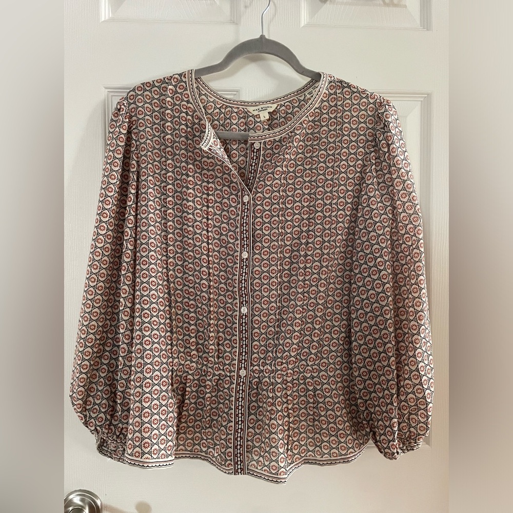 Max Studio Printed Button-Front Tunic Blouse - Cream, Rust & Navy